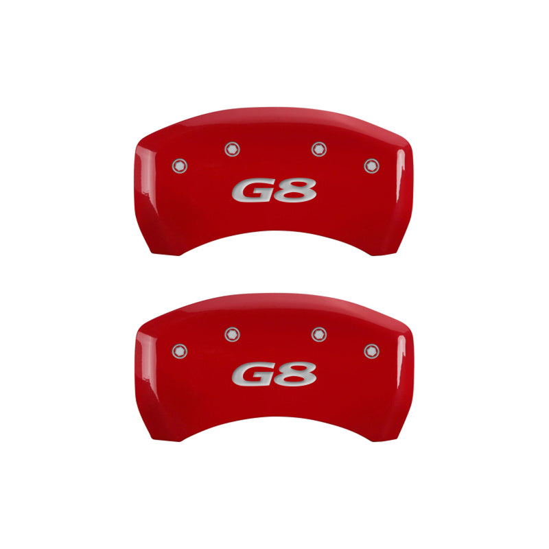 MGP 4 Caliper Covers Engraved Front Pontiac Engraved Rear G8 Red finish silver ch 18011SPG8RD