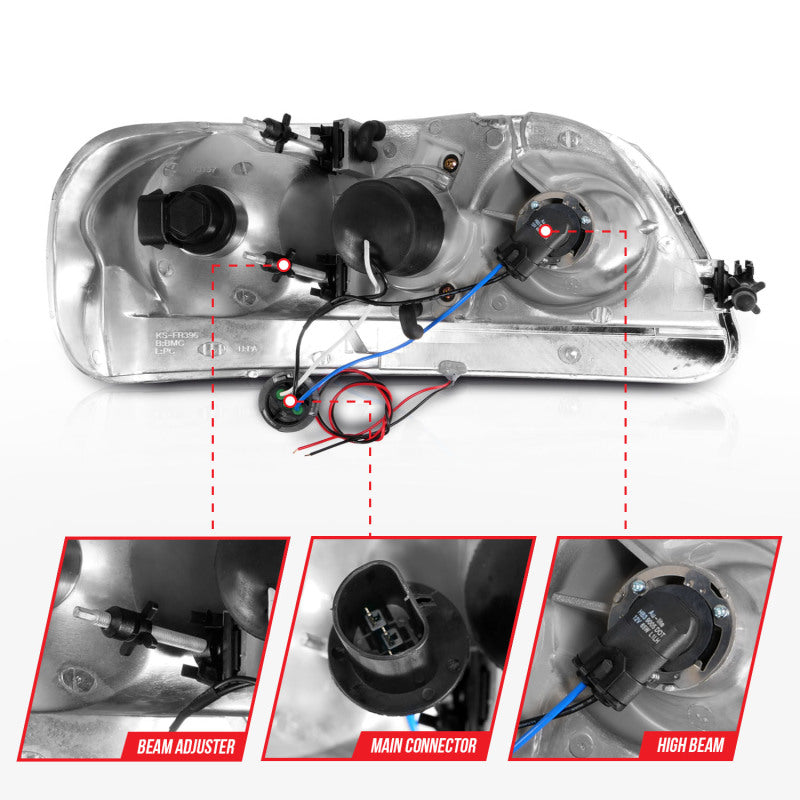 ANZO 1997-2003 Ford F-150 Projector Headlights w/ Light Bar Black Housing 111503