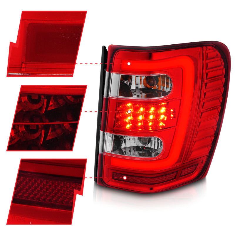 ANZO 1999-2004 Jeep Grand Cherokee LED Tail Lights w/ Light Bar Chrome Housing Red/Clear Lens 311396