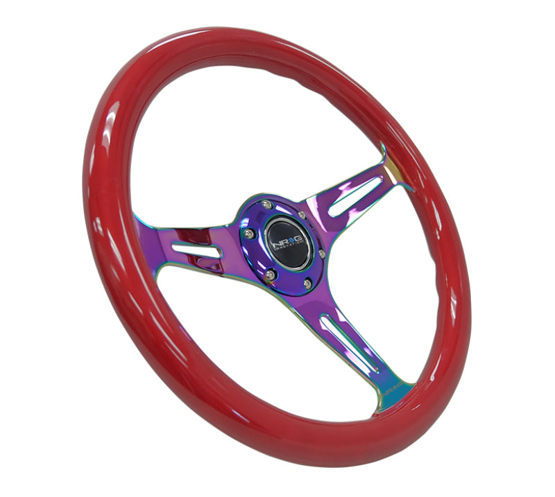 NRG Classic Wood Grain Steering Wheel (350mm) Red Grip w/Neochrome 3-Spoke Center ST-015MC-RD