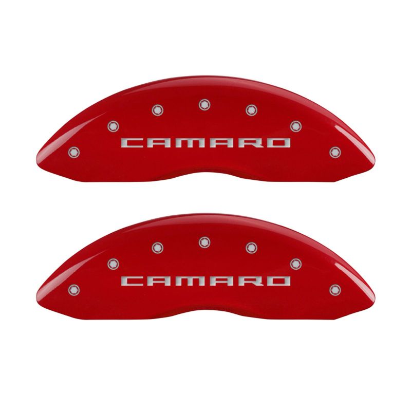 MGP 4 Caliper Covers Engraved Front Gen 5/Camaro Engraved Rear Gen 5/RS Red finish silver ch 14033SCR5RD
