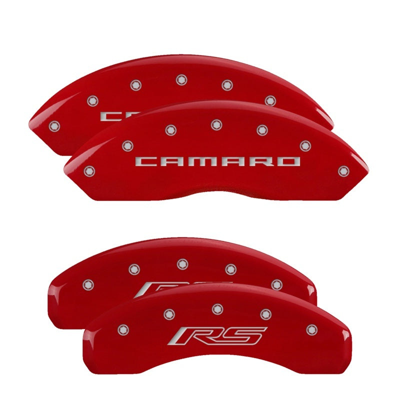MGP 4 Caliper Covers Engraved Front Gen 5/Camaro Engraved Rear Gen 5/RS Red finish silver ch 14240SCR5RD