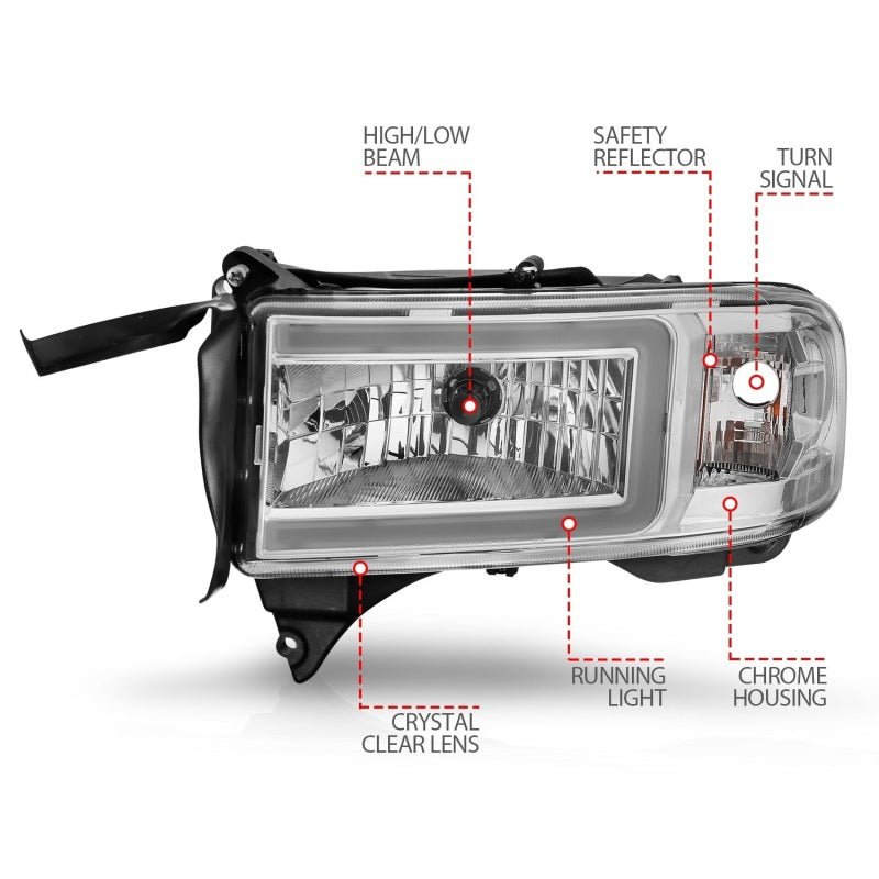 ANZO 94-02 Dodge RAM Crystal Headlight - w/ Light Bar Chrome Housing 111555