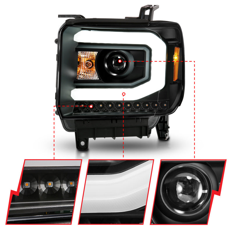 ANZO 2014-2015 GMC Sierra 1500 Projector Headlights w/ Light Bar Black Housing (Halogen Type) 111513