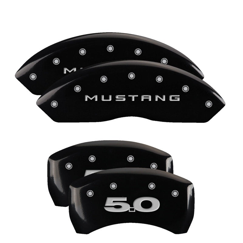 MGP 4 Caliper Covers Engraved Front Mustang Engraved Rear 50 Black finish silver ch 10198SM50BK