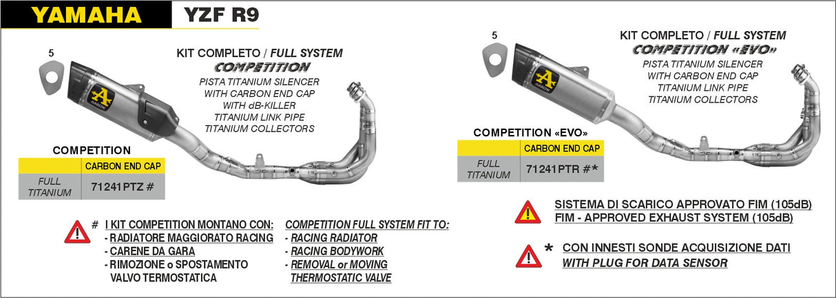 IN STOCK 71241PTR Arrow Yzf R9 2025 Competition Evo Titanium Full system exhaust NO db killer 105db