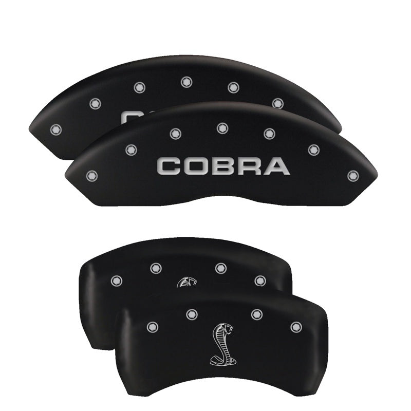 MGP 4 Caliper Covers Engraved Front Mustang Engraved Rear 50 Black finish silver ch 10198SM50BK