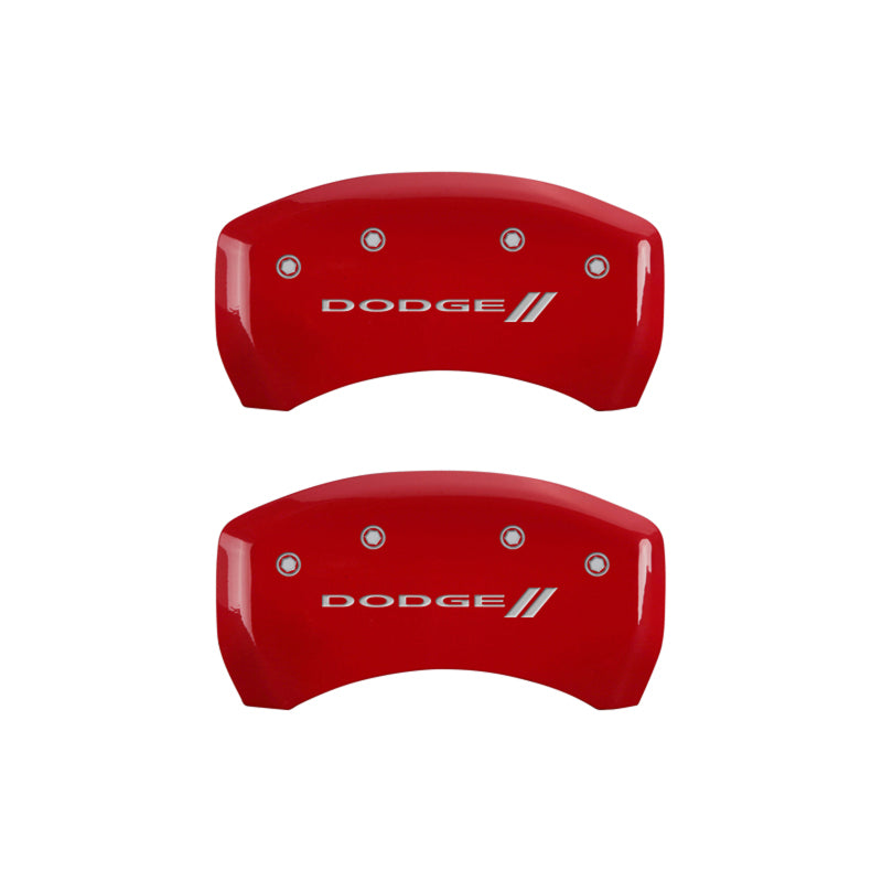 MGP 4 Caliper Covers Engraved Front & Rear With stripes/Dodge Red finish silver ch 12181SDD3RD