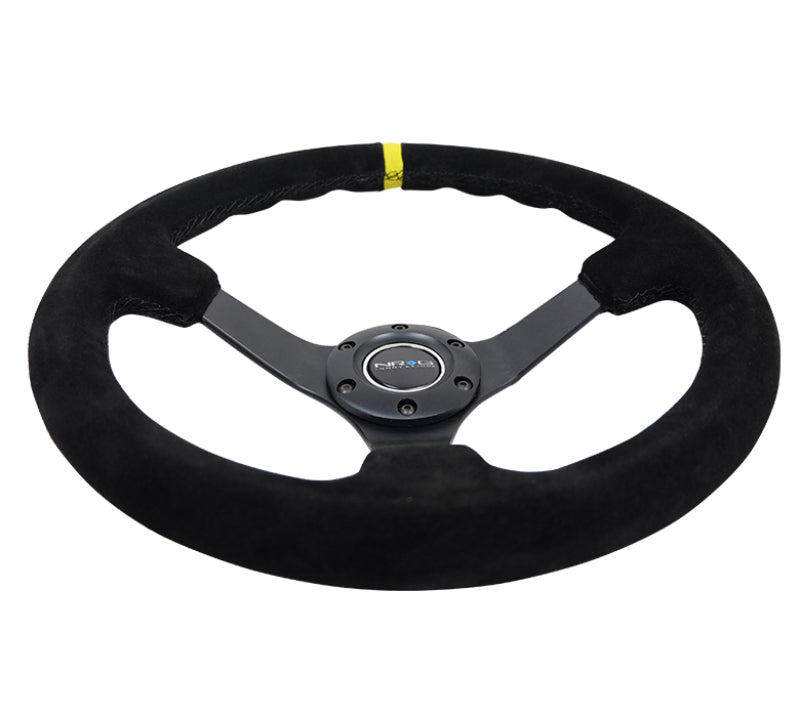 NRG Reinforced Steering Wheel (350mm / 3in. Deep) Blk Suede/X-Stitch w/5mm Blk Spoke & Yellow CM RST-036MB-S-Y