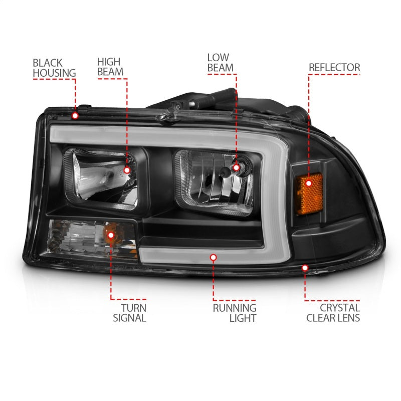 ANZO 97-04 Dodge Dakota/Durango Crystal headlight Set w/ Light Bar Black Housing 111591