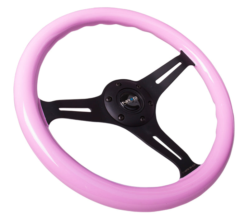 NRG Classic Wood Grain Steering Wheel (350mm) Solid Pink Painted Grip w/Black 3-Spoke Center ST-015BK-PK