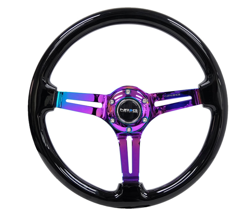 NRG Reinforced Steering Wheel (350mm / 3in. Deep) Blk Wood w/Blk Matte Spoke/Neochrome Center Mark RST-018BK-MC