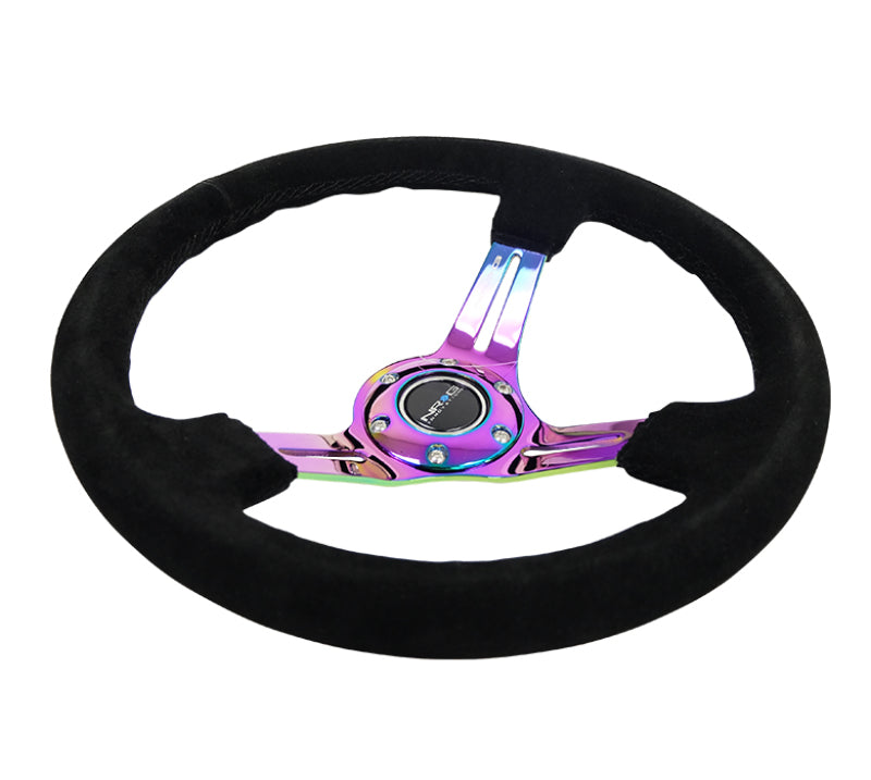 NRG Reinforced Steering Wheel (350mm / 3in. Deep) Blk Suede/Blk Stitch w/Neochrome Slits RST-018S-MCBS