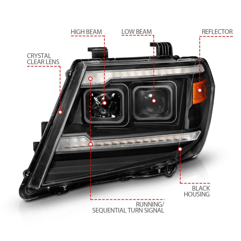 ANZO 09-20 Nissan Frontier Black Projector Plank Style DRL w/ Switchback & Sequential LED DRL 111597
