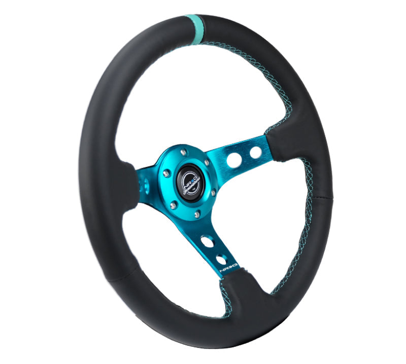NRG Reinforce Steering Wheel (350mm / 3in. Deep) Blk Leather, Teal Center Mark w/ Teal Stitching RST-006TL