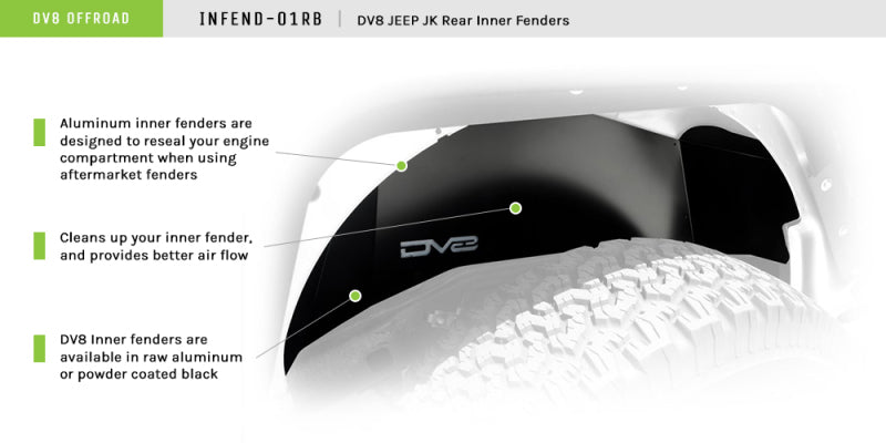 DV8 Offroad 07-18 Jeep Wrangler JK Rear Aluminum Inner Fender - Black INFEND-01RB
