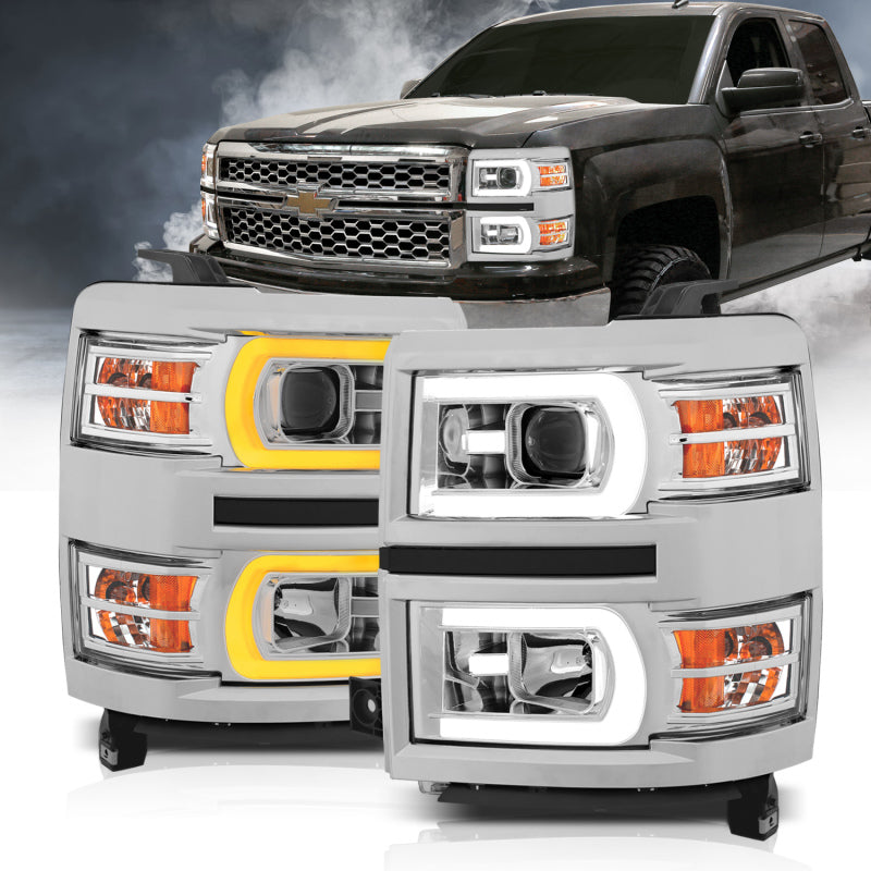 ANZO 14-15 Chevrolet Silverado 1500 Projector Headlights w/ Plank Style Switchback Chrome w/ Amber 111413