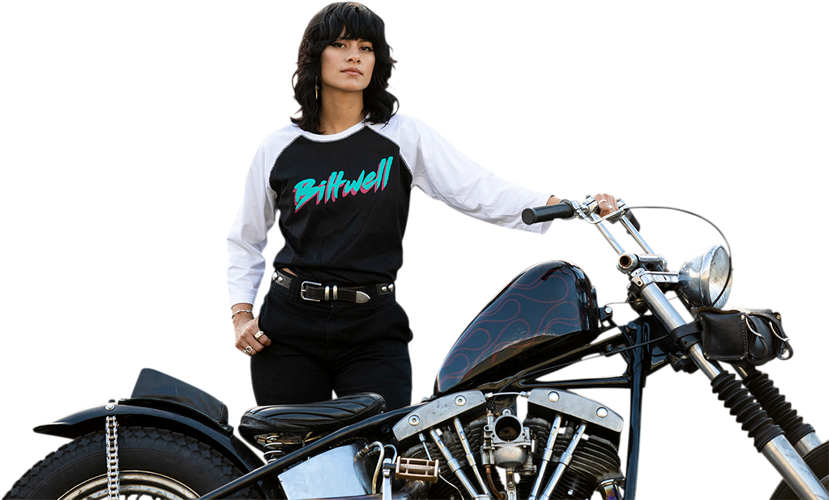 BILTWELL Camiseta raglán 1985 para mujer - Negro/Blanco - Mediana 8144-060-003