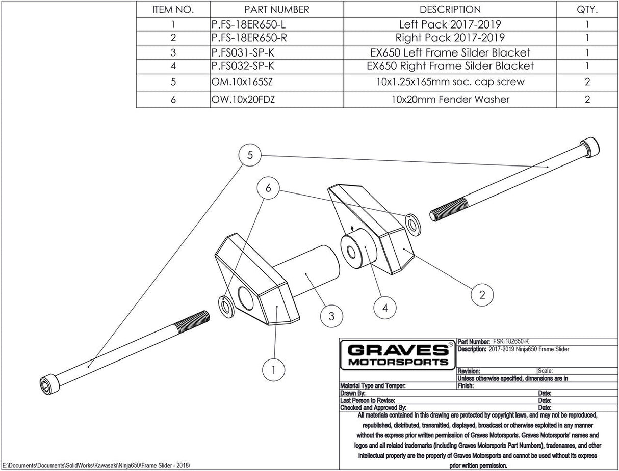 Graves Motorsports Diamond Frame Sliders Z650 2017-2019 / Ninja 650 2017-2019 Fsk-18z650-K
