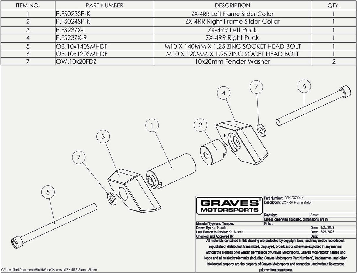 Graves Kawasaki ZX-4RR 2023-2025 Frame Slider Kit FSK-23ZX4-K