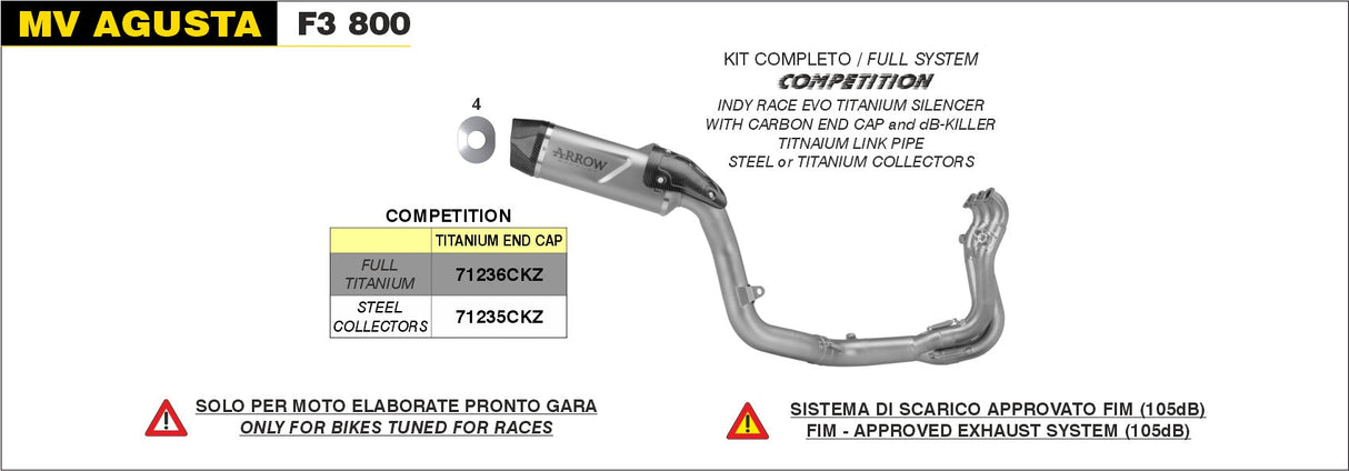 71236CKZ Arrow COMPETITION "EVO" Full Titanium full system Exhaust for MV AGUSTA F3 800 22-24