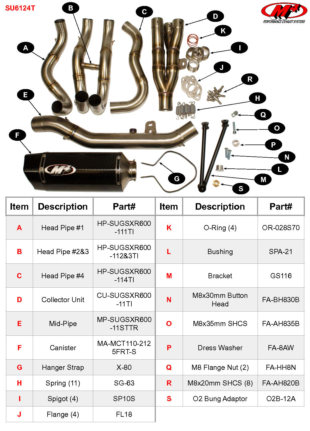 Sistema de escape M4 completo de titanio MC36 Fibra de carbono 2011-2022 GSXR600/750 SU6124T