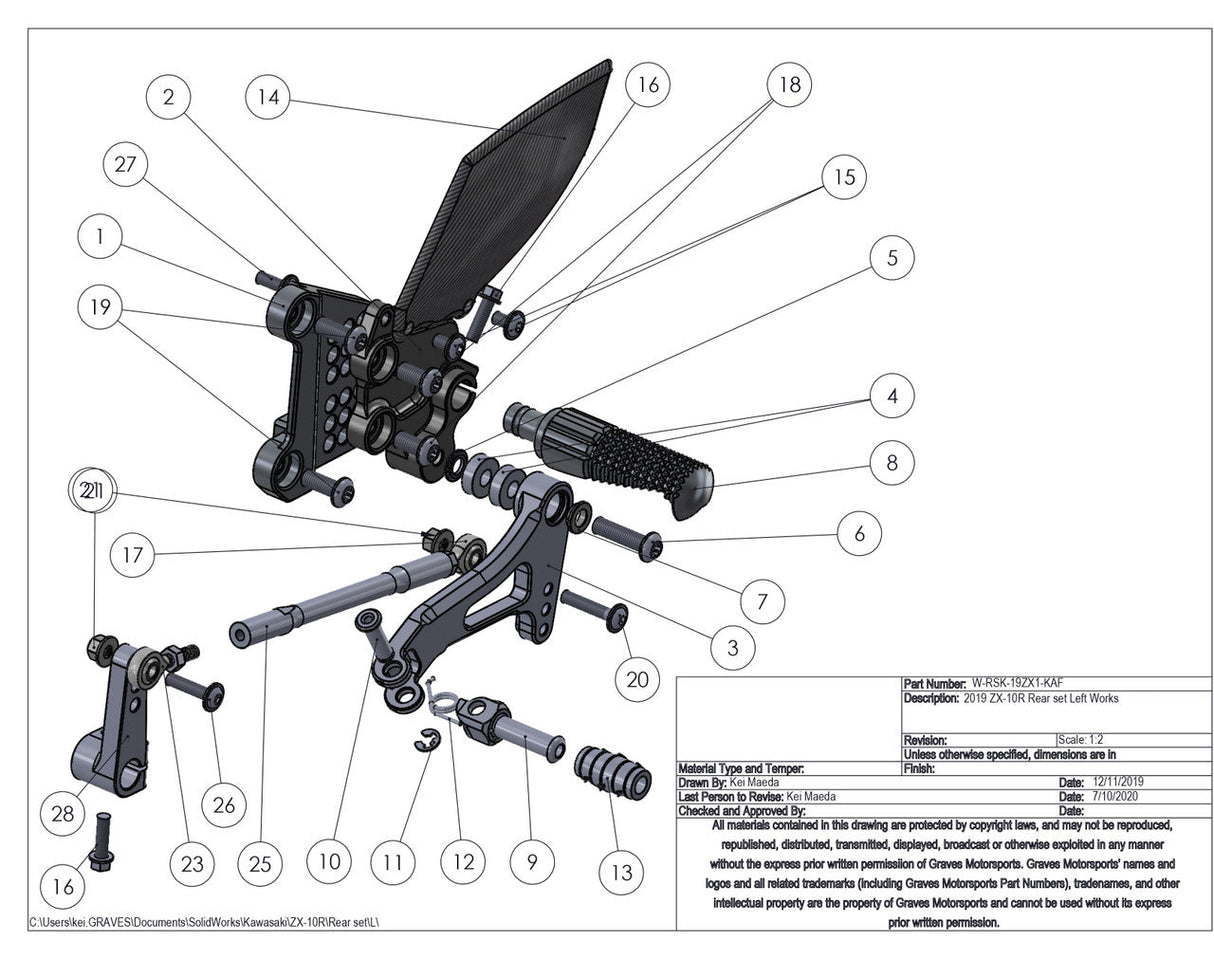 Graves Motorsports Zx-10r / Zx-10rr 2016-2023 Adjustable Rearsets 16-23 W-Rsk-19zx1-Kaf