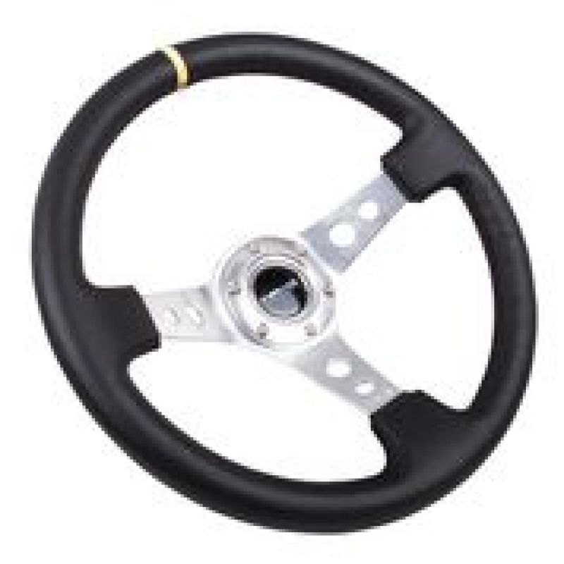 NRG Reinforced Steering Wheel (350mm / 3in. Deep) Blk Leather w/Circle Cut Spokes & Single Yellow CM RST-006SL-Y
