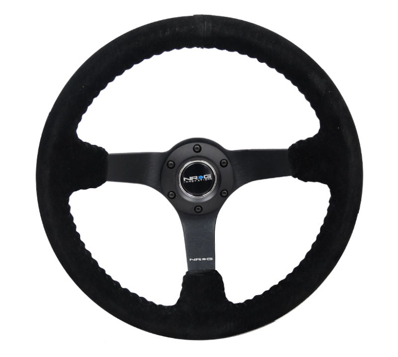 NRG Reinforced Steering Wheel (350mm / 3in. Deep) Blk Suede/Blk Bball Stitch w/5mm Matte Black Spoke RST-036MB-S-BK