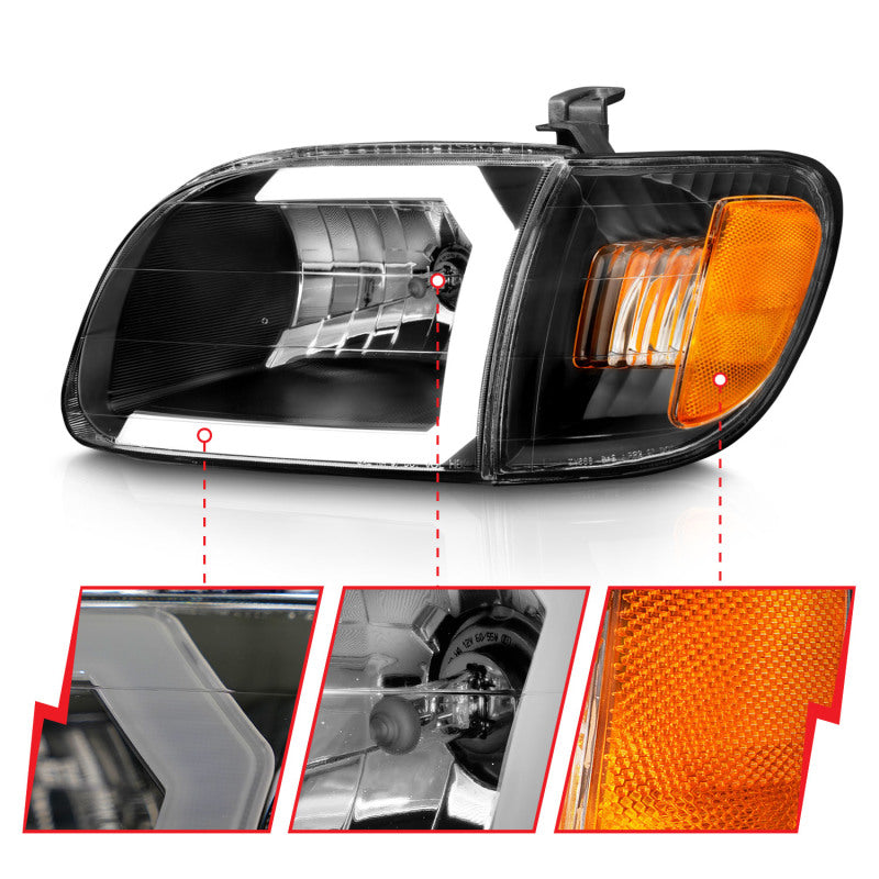 ANZO 00-04 Toyota Tundra (Fits Reg/Acc Cab Only) Crystal Headlights w/Light Bar Black w/Corner Light 111579