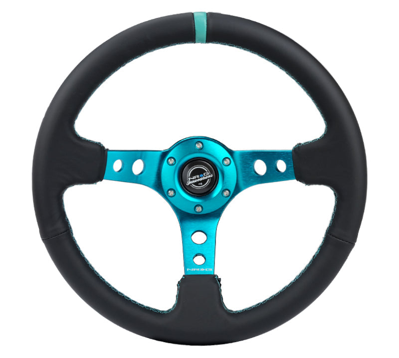 NRG Reinforce Steering Wheel (350mm / 3in. Deep) Blk Leather, Teal Center Mark w/ Teal Stitching RST-006TL