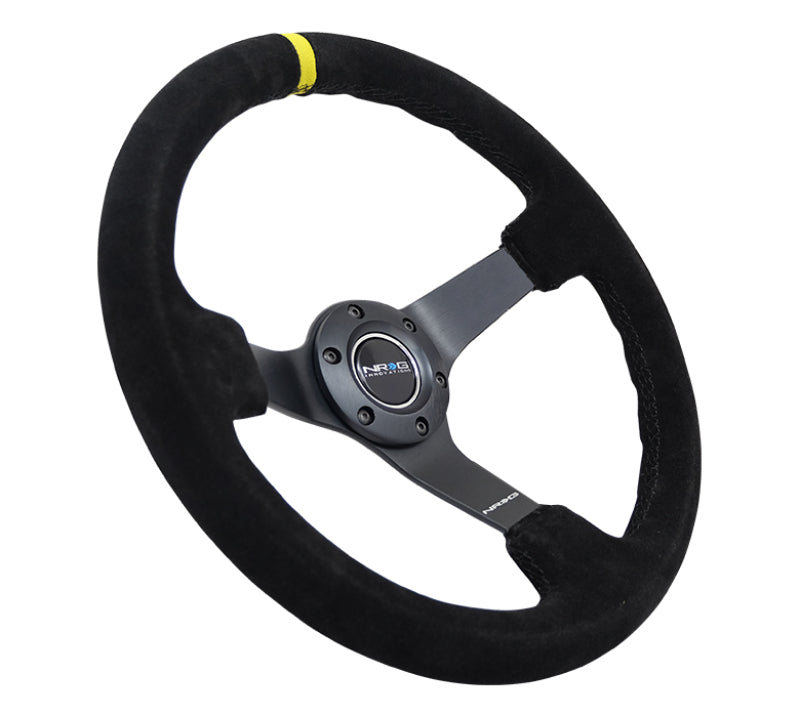 NRG Reinforced Steering Wheel (350mm / 3in. Deep) Blk Suede/X-Stitch w/5mm Blk Spoke & Yellow CM RST-036MB-S-Y