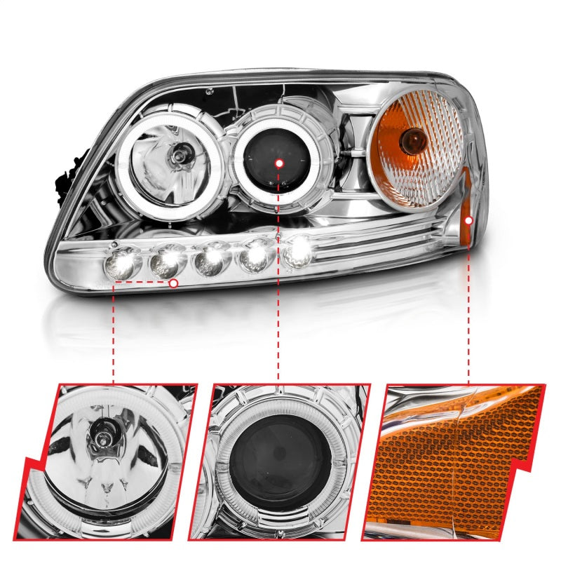 ANZO 1997.5-2003 Ford F-150 Projector Headlights w/ Halo and LED Chrome 1pc 111032
