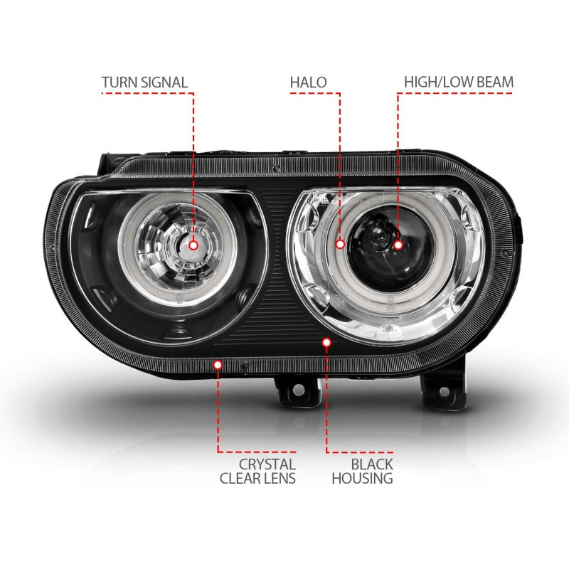 ANZO 2008-2014 Dodge Challenger Projector Headlights w/ Halo Black (CCFL) 121308