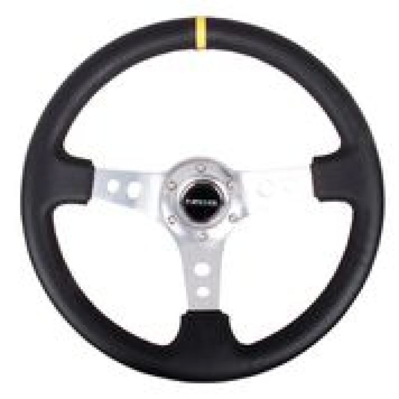 NRG Reinforced Steering Wheel (350mm / 3in. Deep) Blk Leather w/Circle Cut Spokes & Single Yellow CM RST-006SL-Y