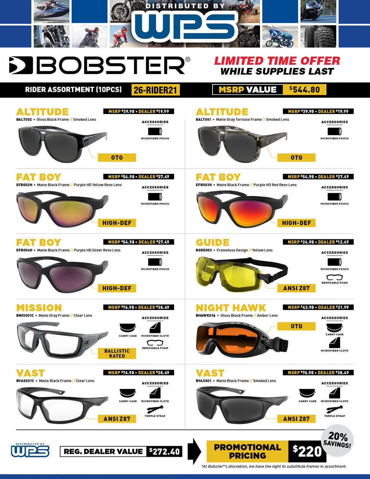 BOBSTER Riding Glasses Prepack 10 Pair PPBOB21B