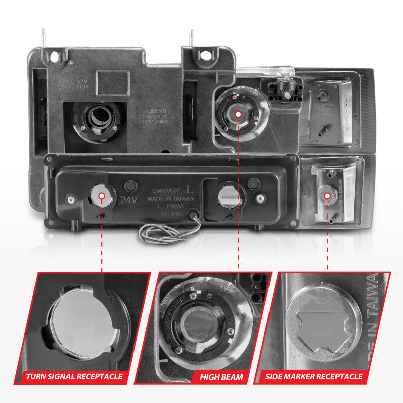 ANZO 88-98 Chevrolet C1500 Crystal Headlights w/Light Bar Chrome Housing w/ Signal Side Markers 8Pcs 111529