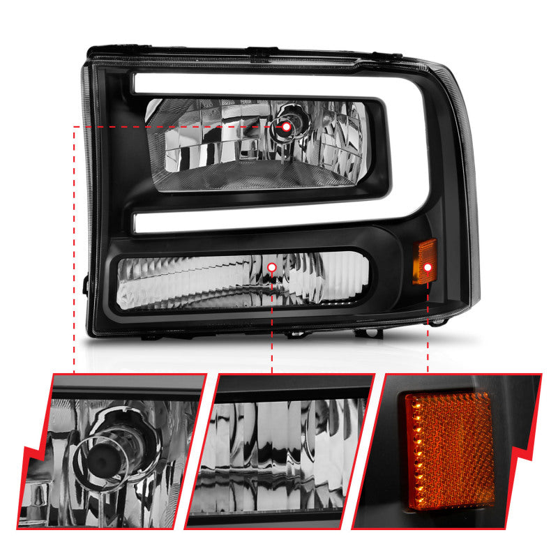 ANZO 99-04 Ford F250/F350/F450/Excursion (excl. 99) Crystal Headlights - w/ Light Bar Black Housing 111549