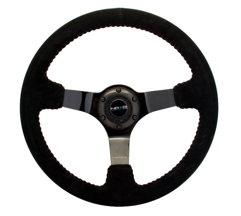 NRG Reinforced Steering Wheel (350mm / 3in. Deep) Blk Suede w/Red BBall Stitch & Black 3-Spoke RST-036BK-S