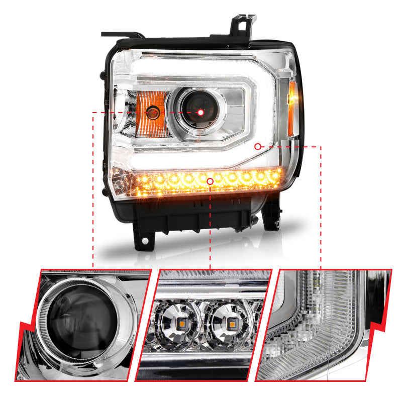 ANZO 2014-2015 Gmc Sierra 1500 Projector Headlights w/ Light Bar Chrome Housing (Halogen Type) 111514