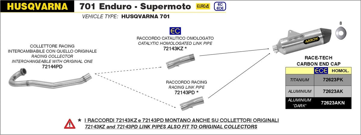 Arrow Husqvarna 701 Enduro Supermoto 17-20 Homologated Stainless Steel Link Pipe With Catalyst 72143kz