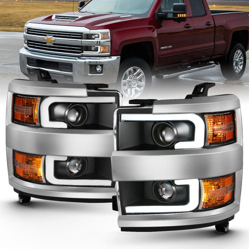 ANZO 2015-2016 Chevrolet Silverado Projector Headlights w/ Plank Style Design Black w/ Amber 111359