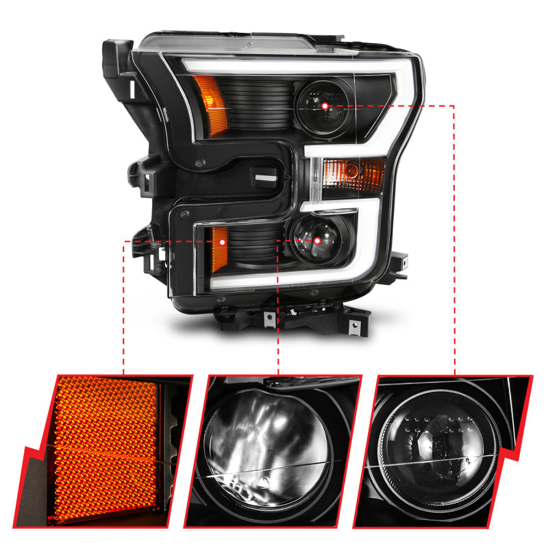 ANZO 2015-2017 Ford F-150 Projector Headlights w/ Plank Style Switchback Black w/ Amber 111357