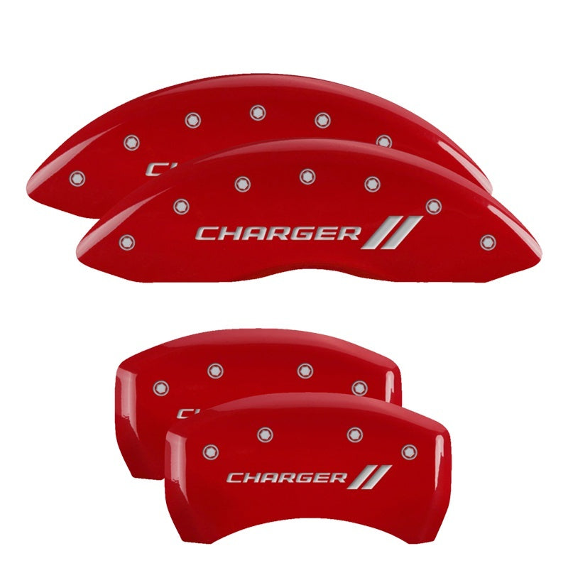 MGP 4 Caliper Covers Engraved Front & Rear With stripes/Charger Red finish silver ch 12162SCH1RD