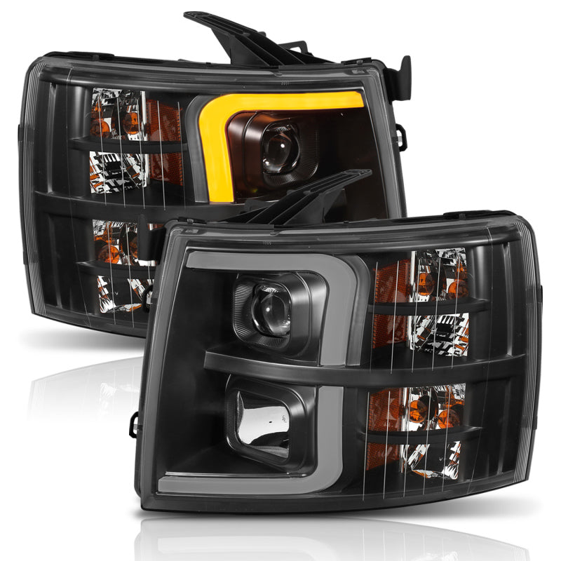 ANZO 07-13 Chevrolet Silverado 1500 Plank Style Projector Headlights Black w/ Amber 111410