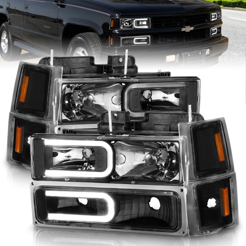 ANZO 88-98 Chevrolet C1500 Crystal Headlights w/ Light Bar Black Housing w/ Signal Side Markers 8Pcs 111528
