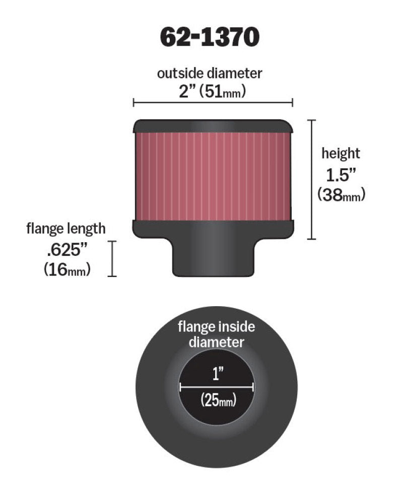 K&N 1in Flange ID x 2in OD x 1.5 inch H Rubber Base Crankcase Vent Filter 62-1370