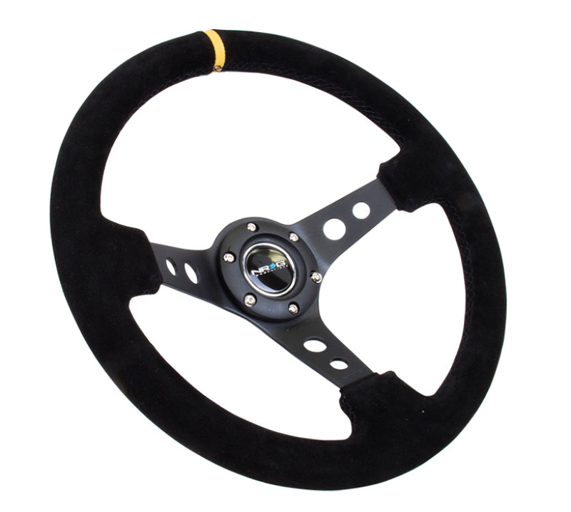 NRG Reinforced Steering Wheel (350mm / 3in. Deep) Blk Suede w/Circle Cut Spokes & Single Yellow CM RST-006S-Y