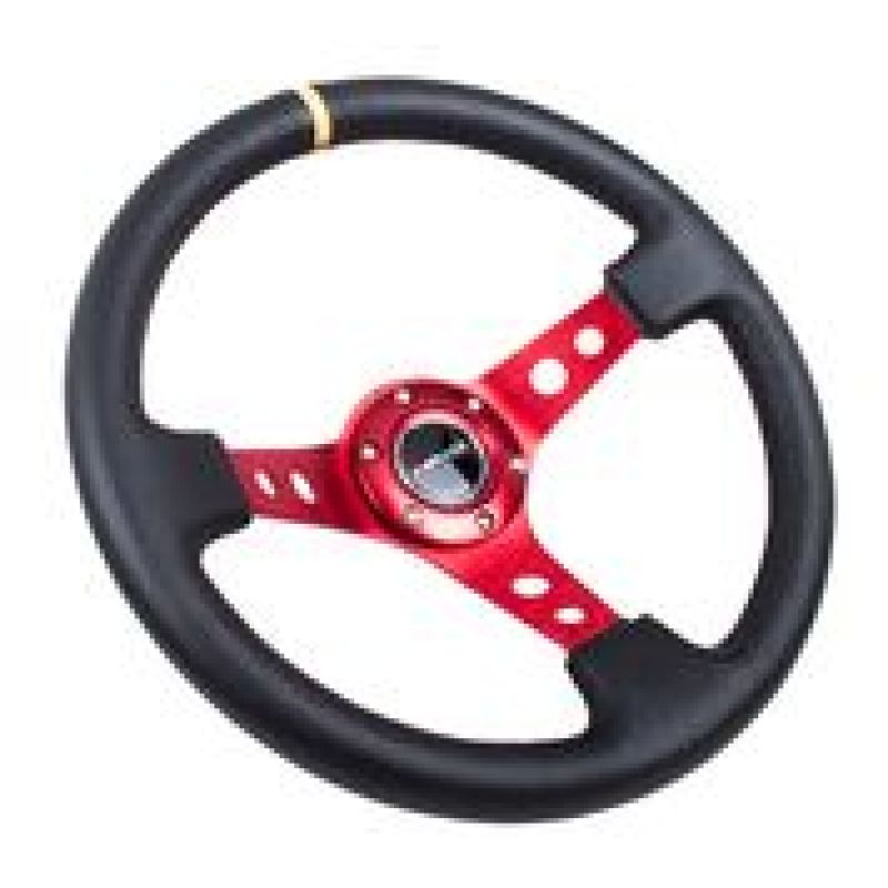 NRG Reinforced Steering Wheel (350mm / 3in. Deep) Blk Leather w/Red Spokes & Sgl Yellow Center Mark RST-006RD-Y