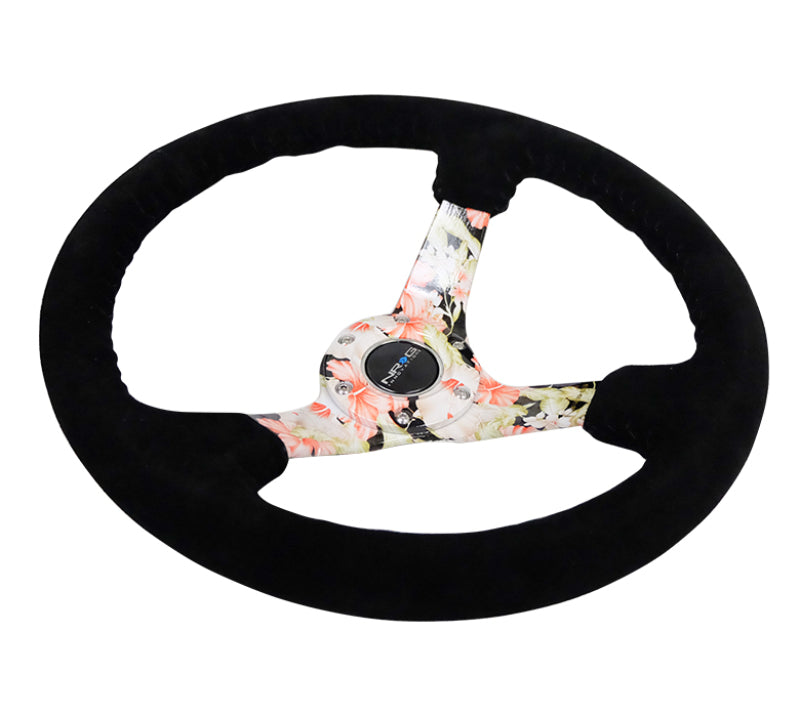 NRG Reinforced Steering Wheel (350mm / 3in. Deep) Blk Suede Floral Dipped w/ Blk Baseball Stitch RST-036FL-S